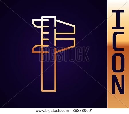 Gold Line Calliper Or Caliper And Scale Icon Isolated On Black Background. Precision Measuring Tools