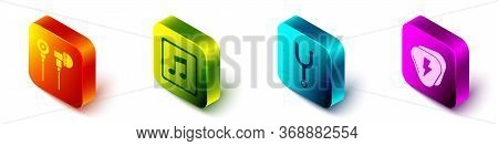 Set Isometric Air Headphones, Music Note, Tone, Musical Tuning Fork And Guitar Pick Icon. Vector.