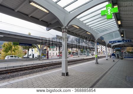 Interlaken, Switzerland - October 2019: The Station Platform Of Interlaken West Railway Station Loca