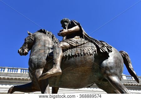 Rome, Italy. October 9, 2019. Marcus Aurelius Equestrian Bronze Statue Replica Located At Piazza Del