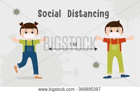 Girls And Boys Wearing Sanitary Masks To Protect Against Germs, Social Distancing Standing 1 Meter A