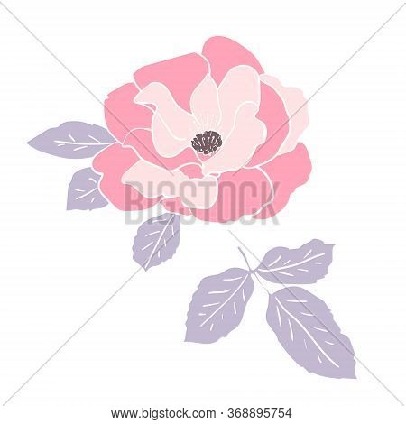 Wild Pink Rose Flower And Leaf With White Outline. Hand Drawn Floral Clip Art For Cards Or Logo. Des