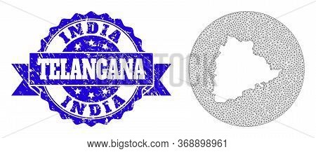 Mesh Vector Map Of Telangana State With Scratched Seal Stamp. Triangle Mesh Map Of Telangana State I