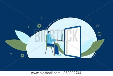 Interactive Communication Concept. Dressed In Casual Clothes Sitting At The Desk And Looking At Big 