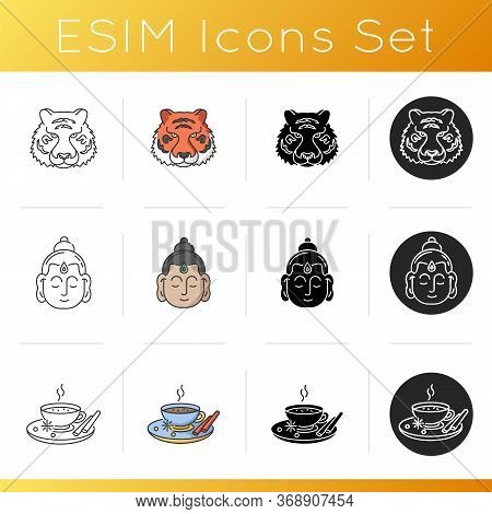 Indian Culture Icons Set. National Animal. Bengal Tiger. Gautama Buddha. Religious Leader. Founder O