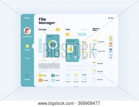 File Manager Tablet Interface Vector Template. Mobile App Page Day Mode Design Layout. Device Statis