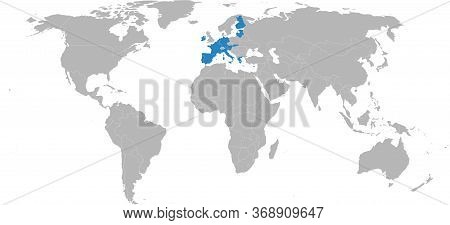 Eurozone Member States Isolated On World Map. Euro Is Their Common Currency. Light Gray Background. 