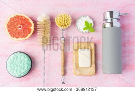 Bottle And Dish Brush, Soap, Cleaning Powder, Cotton Washcloth For Dishes. Grapefruit And Mint Near 