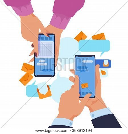 Hands Holding Smartphone. Cartoon Text Messaging And Content Sharing Via Phones Concept. Vector Illu