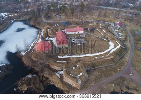 Above The Ancient Russian Fortress Of Korela On April Day (aerial Photography). Priozersk, Russia