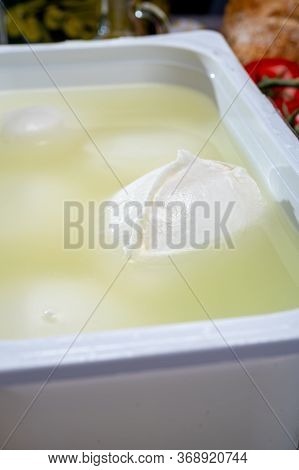 Fresh Handmade Soft Italian Cheese From Campania, White Balls Of Buffalo Mozzarella Cheese Made From