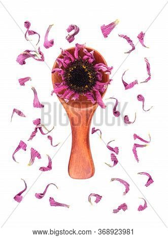 Dried Echinacea Flowers On Wooden Spoon, Isolated On White Background. Petals Of Echinacea Purpurea.
