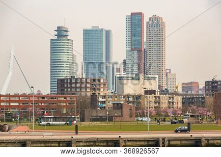 Cityscape and beautiful Donwtown city of Rotterdam the Netherlands. Transportation landmark Tourism concept.
