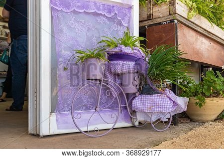 Kanaf, Israel, May 29, 2020 : A Courtyard Decorated In Purple At The Azizo Lavender Farm In The Kana