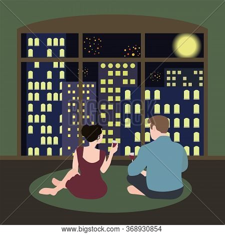 Romantic Illustration, Couple With Glasses Of Wine Sitting On The Floor By The Large Window Overlook