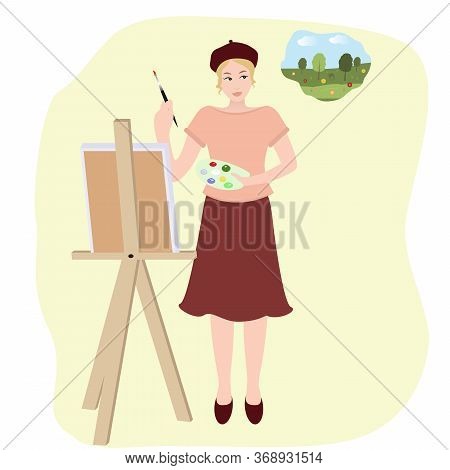 Girl Artist Painting On Easel. Girl Is Painting On Canvas A Summer Landscape. Vector Illustration. H