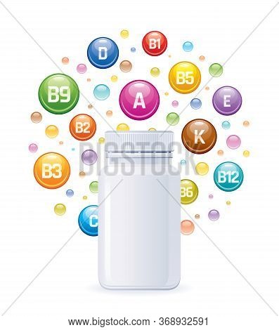 Multi Vitamin Complex Supplement. 3d Mockup With Empty Bottle Vitamins A, B1, B2, B3, B5, B6, B9, B1