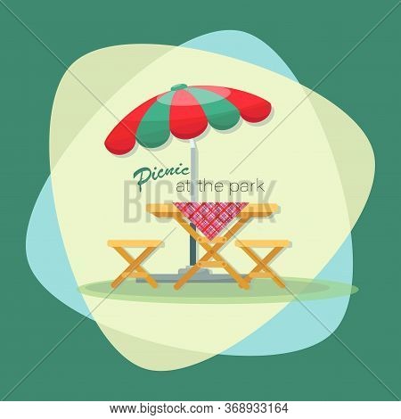Picnic Time. Parasol. Picnic At The Park. Vector Flat Illustration. Table With Chairs. Emblem, Sign 
