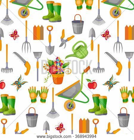 Seamless Pattern With Gardening Tools On White Background. Backdrop With Equipment For Crops Cultiva