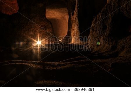 Night View From Inside A Large Cave In Cappadocia, Turkey