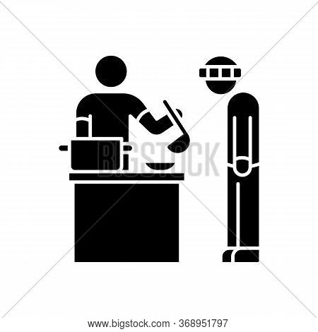 Food Bank Black Glyph Icon. Humanitarian Aid To Homeless People. Volunteer To Work At Social Service