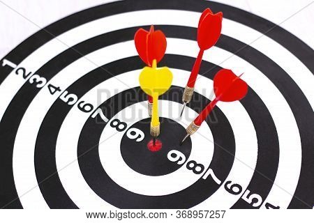 Right To Target Concept Using Darts In Bulseye On Darts Business Success Concept. Destruction Of Com