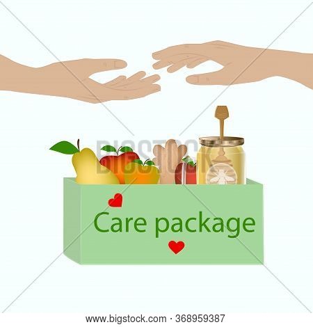 Cardboard Box With Fruits, Honey In A Glass Jar, Ginger - Two Hands Extended To Each Other - Vector.