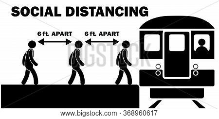 Social Distancing 6ft Feet Apart When Boarding Train At Platform Station Stick Figure Line Queue. Bl
