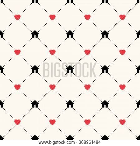 Seamless Vector Geometric Pattern With House Icons, Red Hearts And Polka Dot. Concept Of Staying Hom