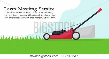 Flat Vector Illustration Of Lawn Mower. Modern Lawnmower Cutting Green Grass. Banner For Landing Pag