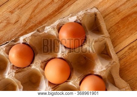 Thirty Brown Chicken Eggs In A Cardboard Tray Packaging. Raw Fre
