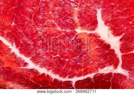 Texture Or Background Of Tasty Fresh Meat. Red Beef Meat Close Up Texture. Meat Food Background.
