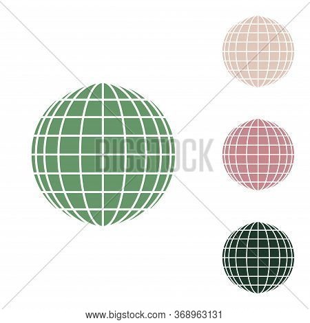 Earth Globe Sign. Russian Green Icon With Small Jungle Green, Puce And Desert Sand Ones On White Bac