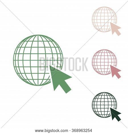 Earth Globe With Cursor. Russian Green Icon With Small Jungle Green, Puce And Desert Sand Ones On Wh