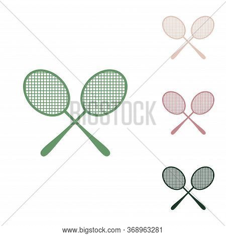 Two Tennis Racket Sign. Russian Green Icon With Small Jungle Green, Puce And Desert Sand Ones On Whi