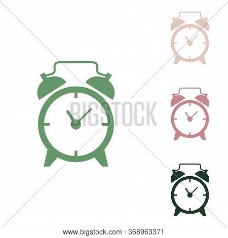 Alarm Clock Sign. Russian Green Icon With Small Jungle Green, Puce And Desert Sand Ones On White Bac