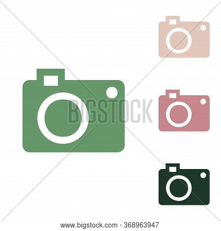 Digital Camera Sign. Russian Green Icon With Small Jungle Green, Puce And Desert Sand Ones On White 
