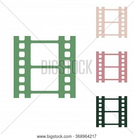 Reel Of Film Sign. Russian Green Icon With Small Jungle Green, Puce And Desert Sand Ones On White Ba