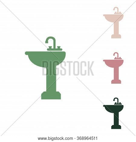 Bathroom Sink Sign. Russian Green Icon With Small Jungle Green, Puce And Desert Sand Ones On White B