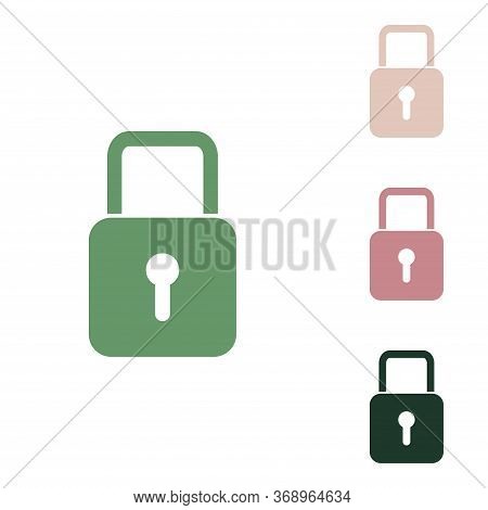 Lock Sign Illustration. Russian Green Icon With Small Jungle Green, Puce And Desert Sand Ones On Whi