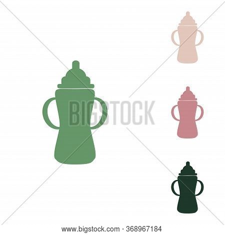 Baby Bottle Sign. Russian Green Icon With Small Jungle Green, Puce And Desert Sand Ones On White Bac