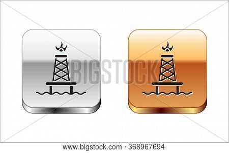 Black Oil Rig With Fire Icon Isolated On White Background. Gas Tower. Industrial Object. Silver-gold