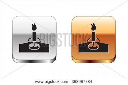 Black Oil Rig With Fire Icon Isolated On White Background. Gas Tower. Industrial Object. Silver-gold