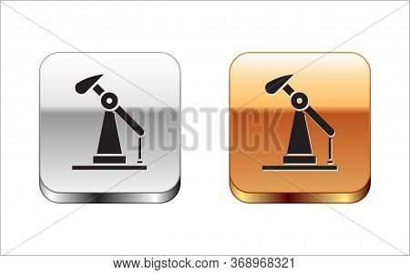 Black Oil Pump Or Pump Jack Icon Isolated On White Background. Oil Rig. Silver-gold Square Button. V