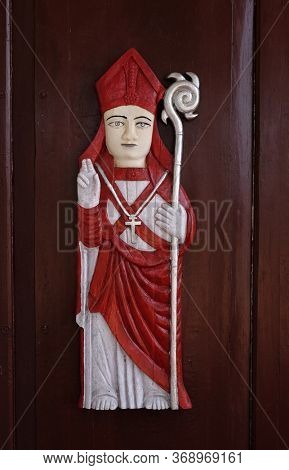 GANDAULIM, INDIA - FEBRUARY 18, 2020: St. Blaise, the door of St. Blaise Catholic Church in Gandaulim, Goa, India