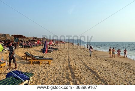 CANDOLIM, INDIA - FEBRUARY 18, 2020: Candolim Beach, North Goa, India