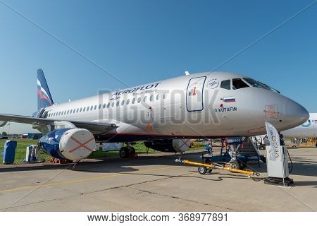 August 30, 2019. Zhukovsky, Russia. Russian Short-range Narrow-body Passenger Aircraft  Sukhoi Super