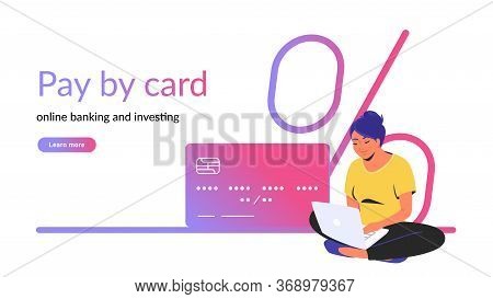 Pay By Card For Online Banking And Investing Creative Banner. Flat Line Vector Illustration Of Woman