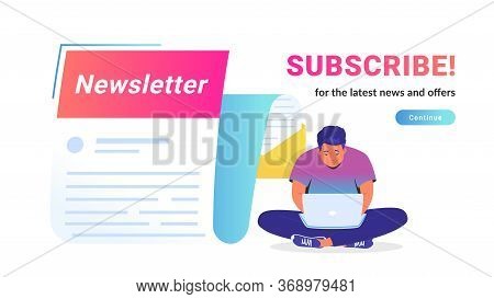 Newsletter Subcription For The Latest News And Offers. Vector Illustration Of Cute Man Sitting Alone