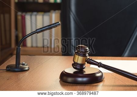Symbol Of Judge And Justice. Fair And Legitimate Decision. Judges Gavel Wooden Table. Concept Of Law
